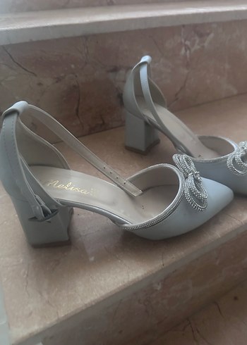 Gri Saten Topuklu Kadın Abiye Ayakkabı - Görsel 3