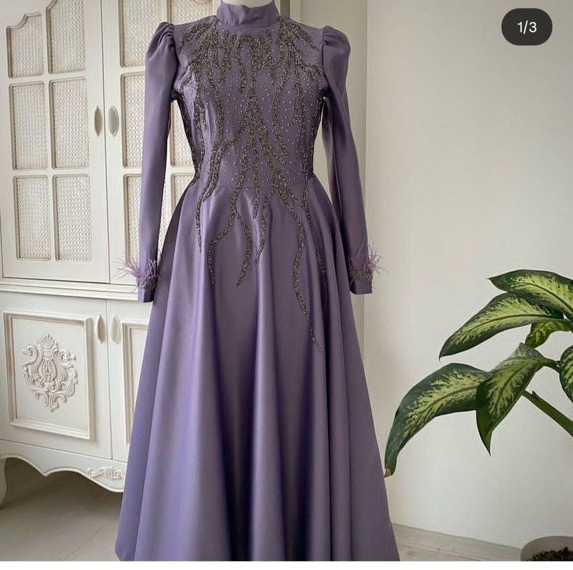 lila Uzun Kollu İşlemeli Abiye Elbise - Görsel 3