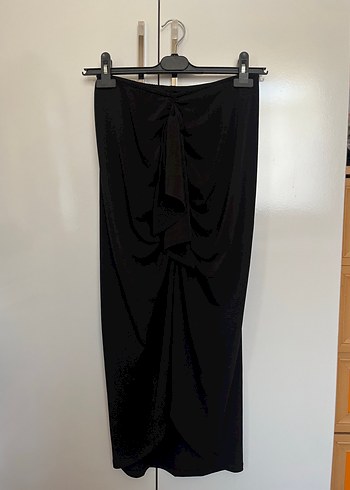 BSL FASHION Drapeli Siyah Uzun Etek