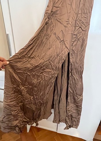xs Beden camel Renk Yüksek Yakalı, saten, Bej Kadın Uzun Elbise