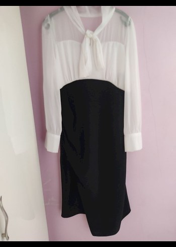 Uzun Kollu Drapeli Siyah Beyaz Kadın Elbise - Görsel 5