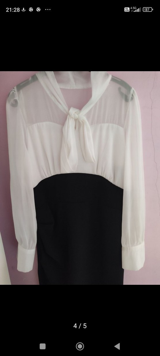 Uzun Kollu Drapeli Siyah Beyaz Kadın Elbise - Görsel 3