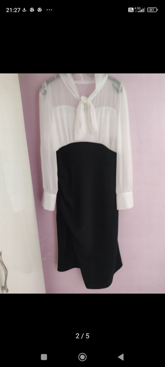 Uzun Kollu Drapeli Siyah Beyaz Kadın Elbise - Görsel 5