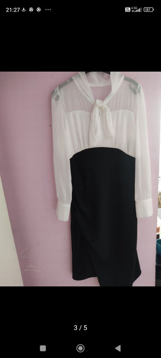 Uzun Kollu Drapeli Siyah Beyaz Kadın Elbise - Görsel 4