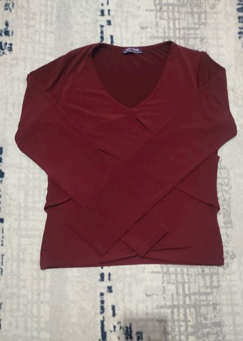 Bordo V Yaka Deri Beli Kuşaklı Kadın Bluz - Görsel 5