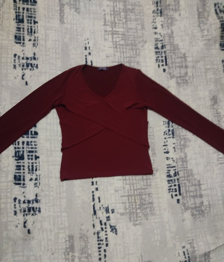 Bordo V Yaka Deri Beli Kuşaklı Kadın Bluz - Görsel 4