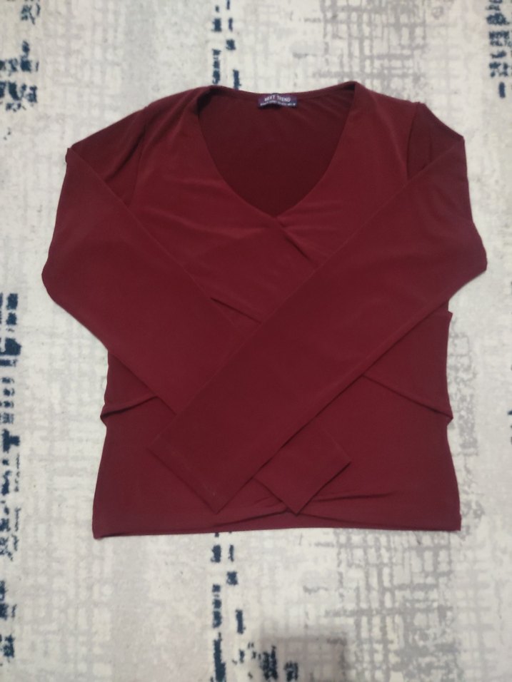 Bordo V Yaka Deri Beli Kuşaklı Kadın Bluz - Görsel 5