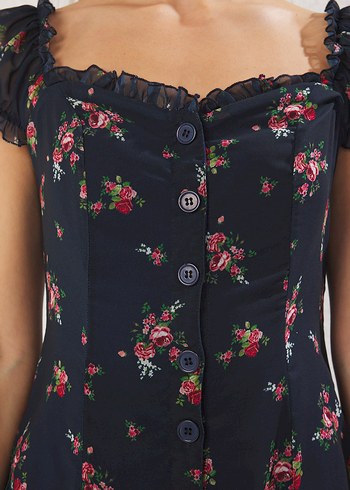 Düğmeli Vintage Çiçekli Midi Elbise - Görsel 2