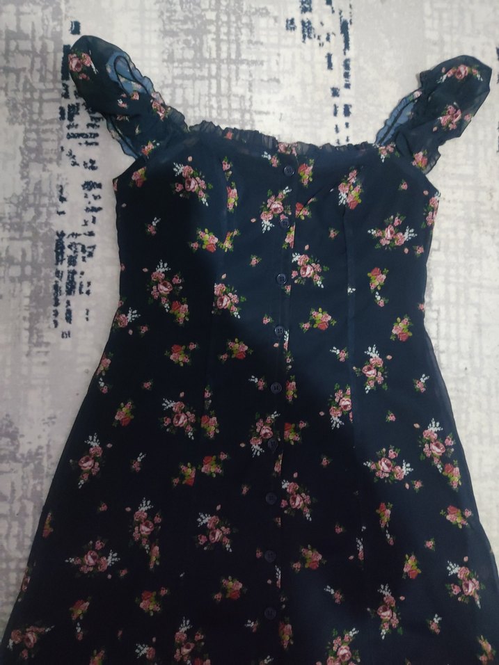 Düğmeli Vintage Çiçekli Midi Elbise - Görsel 3