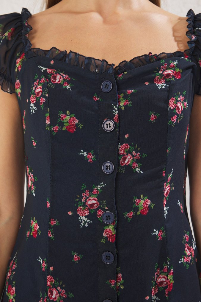 Düğmeli Vintage Çiçekli Midi Elbise - Görsel 2