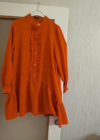 Turuncu Kadın Keten Gömlek, Düğmeli, Salaş - Görsel 2