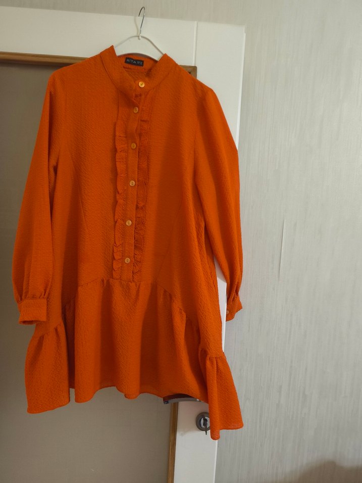 Turuncu Kadın Keten Gömlek, Düğmeli, Salaş - Görsel 2