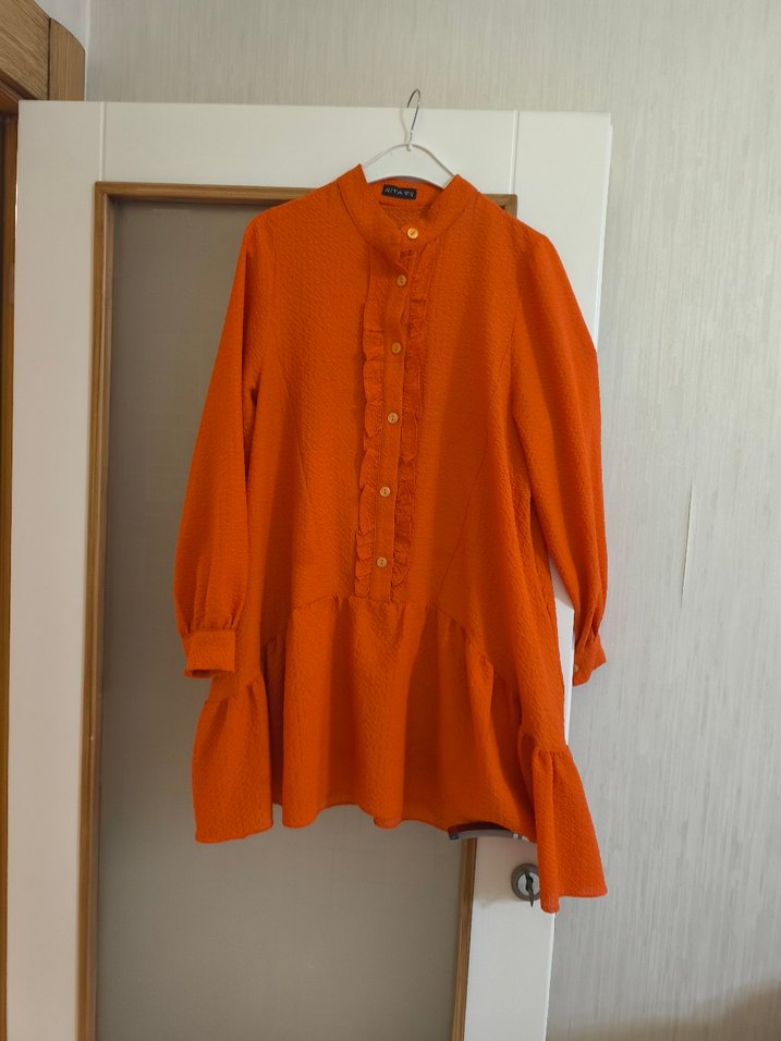 Turuncu Kadın Keten Gömlek, Düğmeli, Salaş - Görsel 3