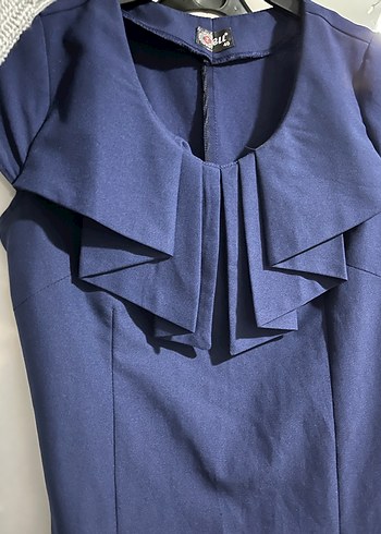 Lacivert Midi V Yakalı Fırfırlı Kadın Elbise - Görsel 2