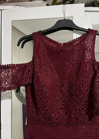 Dantel Detaylı Bordo Midi Abiye Elbise - Görsel 2