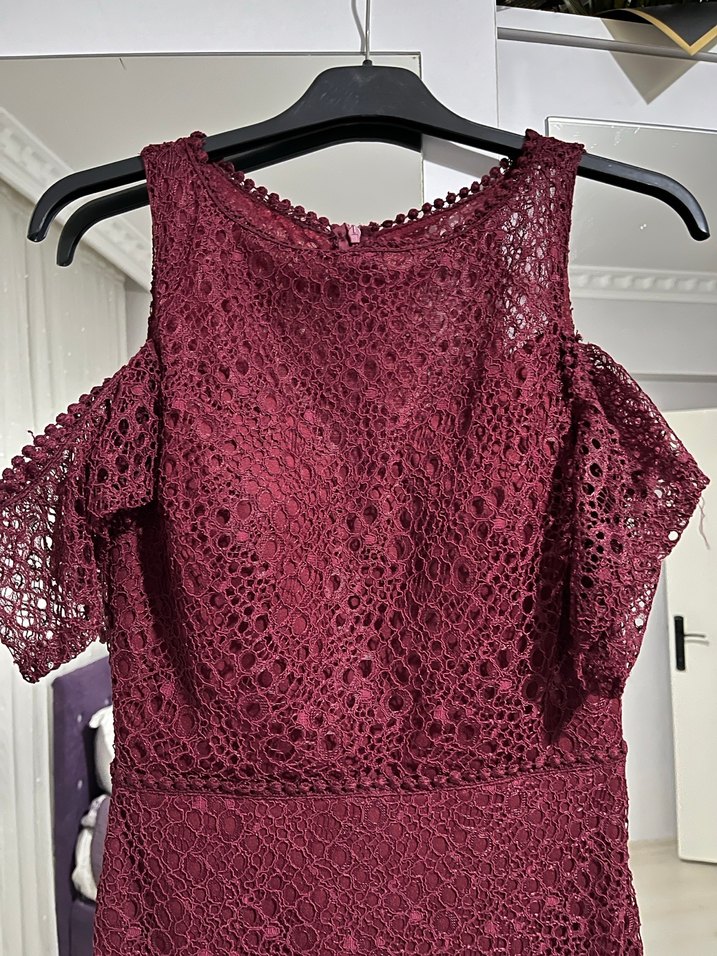 Dantel Detaylı Bordo Midi Abiye Elbise - Görsel 4