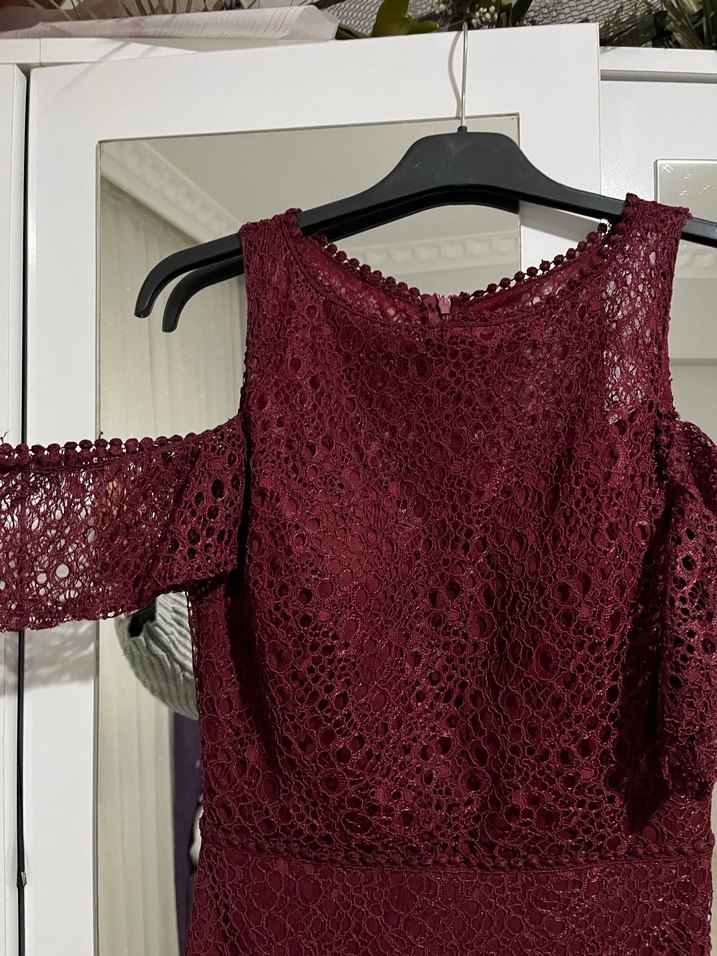 Dantel Detaylı Bordo Midi Abiye Elbise - Görsel 2