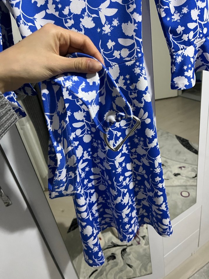 Mavi Çiçek Desenli Mini Elbise - Görsel 3