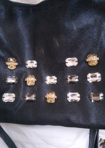 Siyah İşlemeli taş Deri Kadın Çanta - Görsel 2