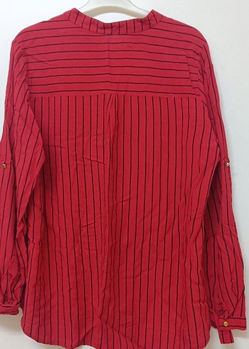 Kırmızı Çizgili V Yaka Kadın Gömlek - Görsel 3