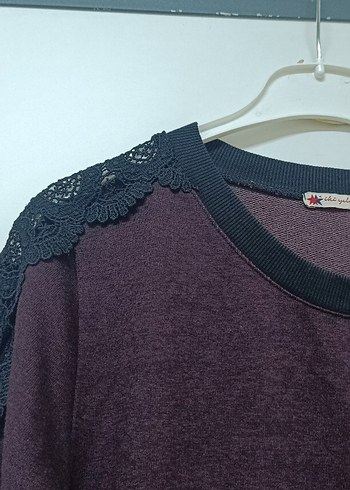 Bordo Kadın Triko Kazak Siyah Dantel Detaylı - Görsel 2