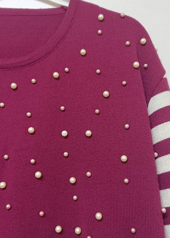 Bordo İnci Detaylı Çizgili Uzun Triko Kazak - Görsel 2