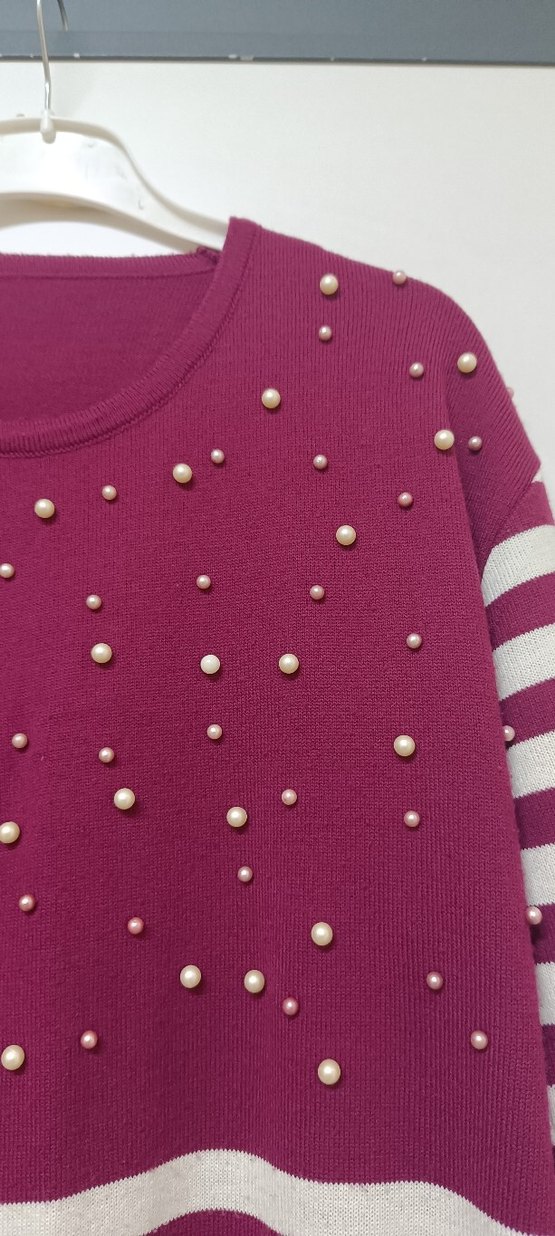 Bordo İnci Detaylı Çizgili Uzun Triko Kazak - Görsel 2