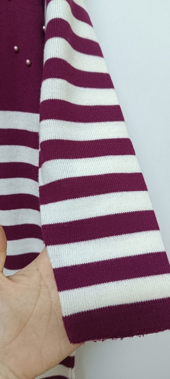 Bordo İnci Detaylı Çizgili Uzun Triko Kazak - Görsel 3