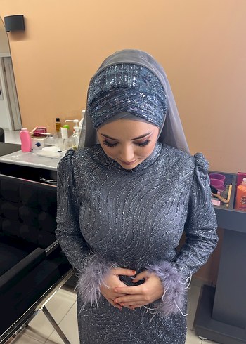 Gri Tüylü Uzun Kadın Elbise - Görsel 7