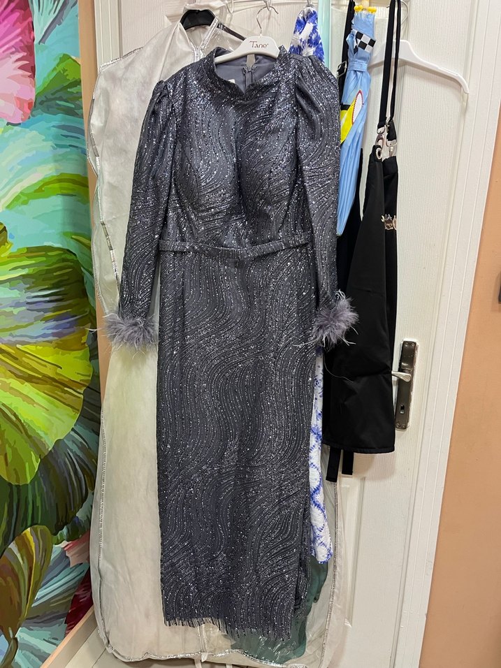 Gri Tüylü Uzun Kadın Elbise - Görsel 3