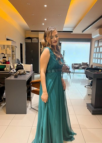 Turkuaz V Yakalı Uzun Drapeli Abiye Elbise - Görsel 6