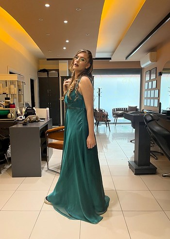 Turkuaz V Yakalı Uzun Drapeli Abiye Elbise - Görsel 8