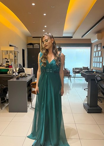 Turkuaz V Yakalı Uzun Drapeli Abiye Elbise - Görsel 4