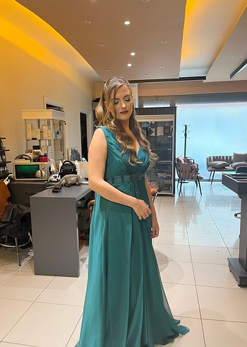 Turkuaz V Yakalı Uzun Drapeli Abiye Elbise - Görsel 5