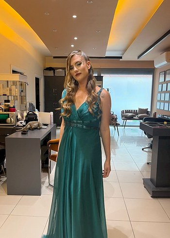 Turkuaz V Yakalı Uzun Drapeli Abiye Elbise - Görsel 7