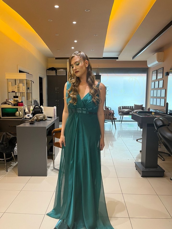 Turkuaz V Yakalı Uzun Drapeli Abiye Elbise - Görsel 4