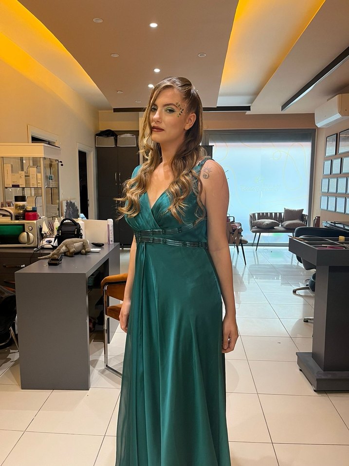 Turkuaz V Yakalı Uzun Drapeli Abiye Elbise - Görsel 3