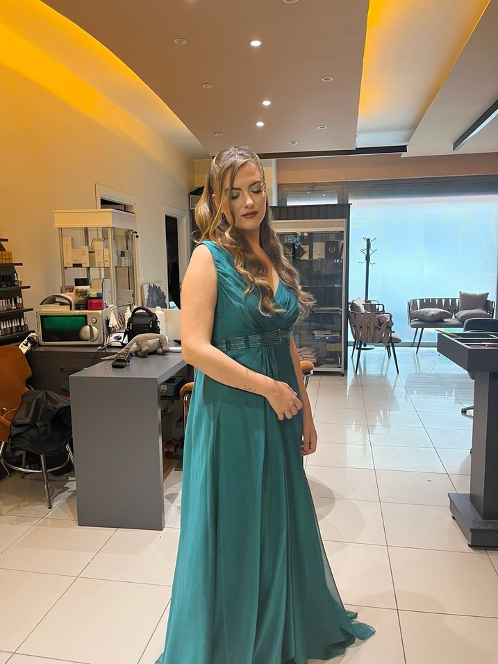 Turkuaz V Yakalı Uzun Drapeli Abiye Elbise - Görsel 5