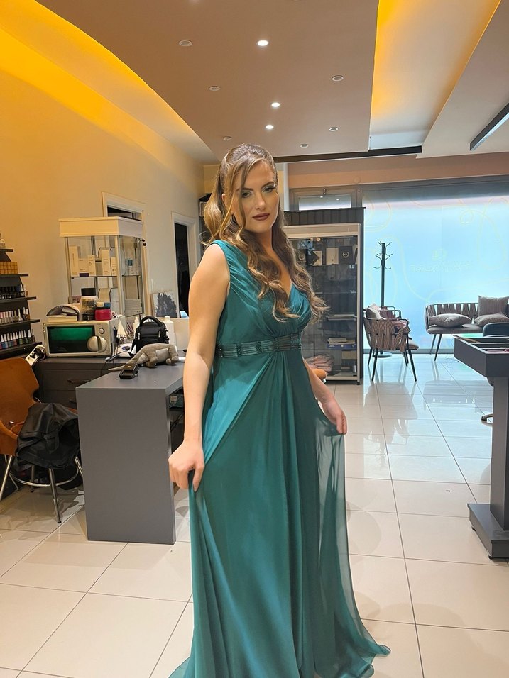 Turkuaz V Yakalı Uzun Drapeli Abiye Elbise - Görsel 2