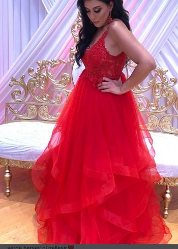 Uzun, Askılı, Etnik Desenli Kırmızı Kadın Abiye - Görsel 2