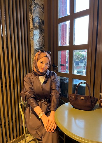 Kahverengi Deri Kadın Midi Takım - Görsel 2