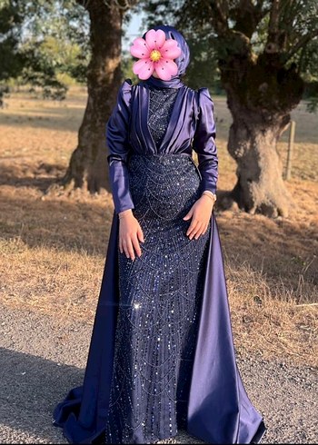 Lacivert İşlemeli Uzun Kollu Abiye Elbise - Görsel 3