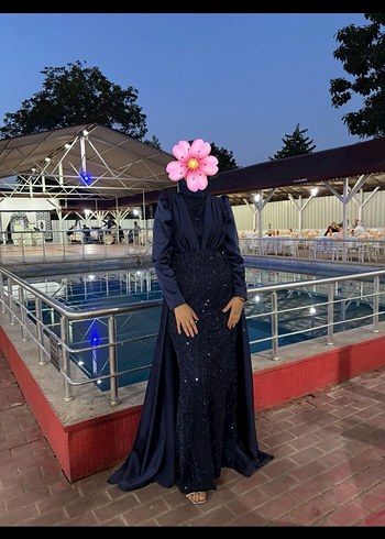 Lacivert İşlemeli Uzun Kollu Abiye Elbise - Görsel 5