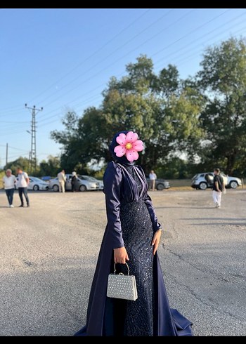 Lacivert İşlemeli Uzun Kollu Abiye Elbise - Görsel 6