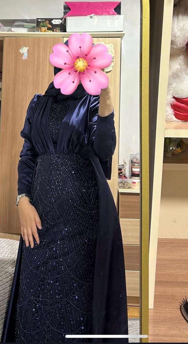 Lacivert İşlemeli Uzun Kollu Abiye Elbise - Görsel 2