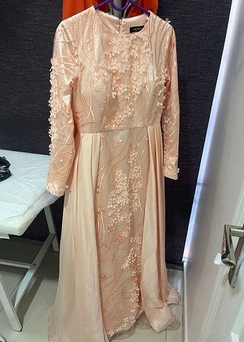 Nakışlı Bej Uzun Abiye Elbise - Görsel 4