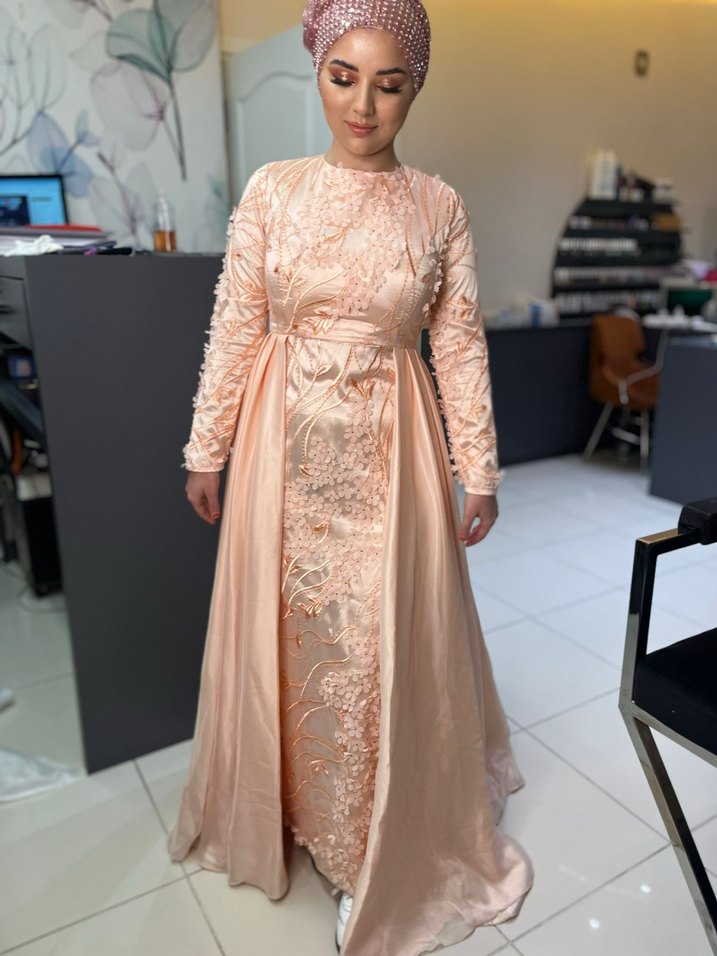 Nakışlı Bej Uzun Abiye Elbise - Görsel 2