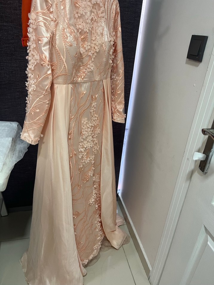 Nakışlı Bej Uzun Abiye Elbise - Görsel 5