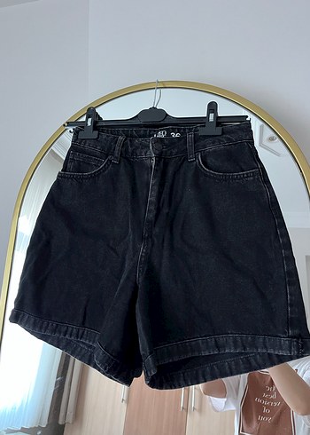 Kadın Siyah Mini Kot Şort Bol Kesim - Görsel 2