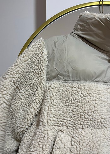 Gri Yüksek Yaka Kısa Peluş Kadın Mont - Görsel 8